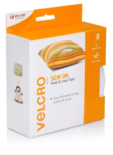 20mm x 5m White Colour Sew On Hook & Loop Velcro Tape